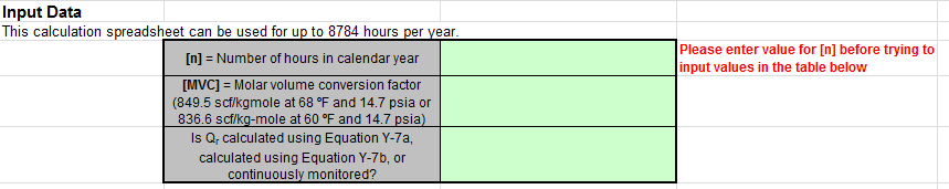 Y-6, Y-7a, and Y-7b Input Spreadsheet Data Entry into the Green Cells